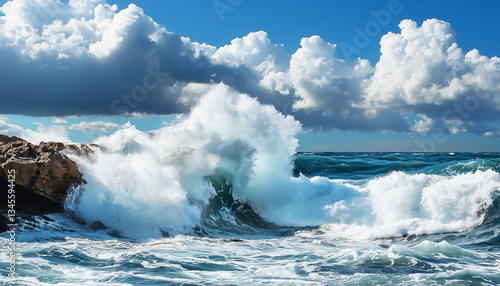 Ocean’s Embrace – A dramatic shot of waves crashing against the shore.  Generative AI.