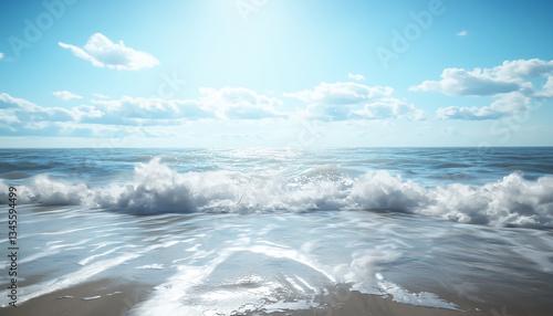 Ocean’s Embrace – A dramatic shot of waves crashing against the shore.  Generative AI.