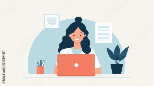 Asian female cartoon character working on laptop in office setting
