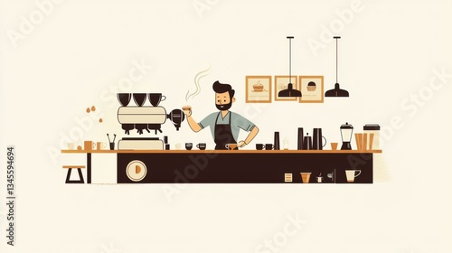 Caucasian male barista preparing coffee in cozy café setting