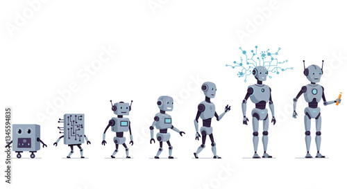 Robots evolving from simple design to complex intelligence in flat vector illustration