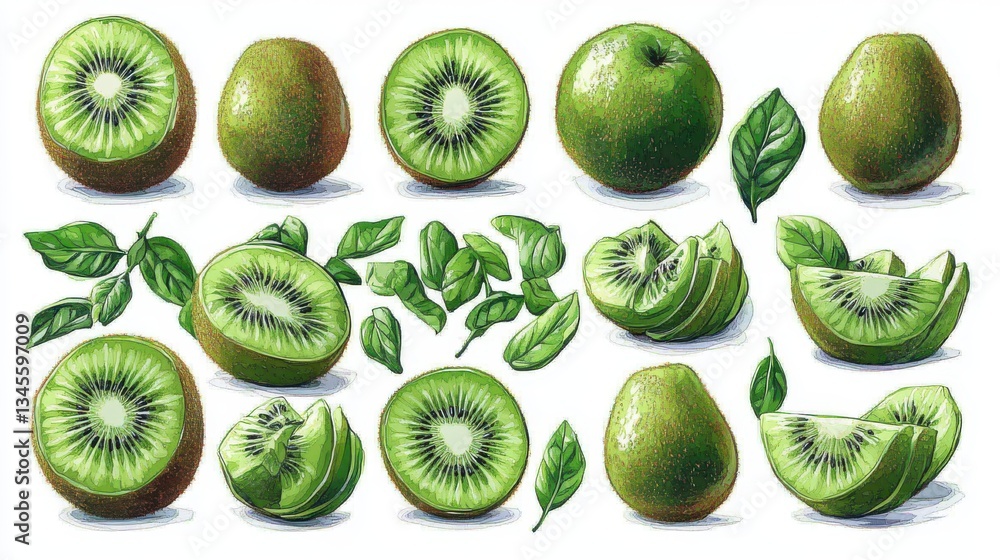 Fototapeta premium several cut and whole fresh kiwis isolated,cartoon illustration style