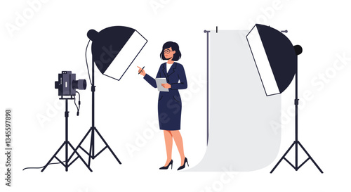 Professional woman in business attire with studio lights in flat vector art