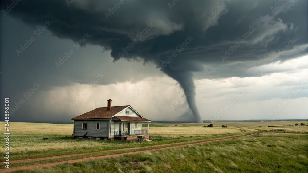 A lonely house stands in an open plain as a tornado looms, symbolizing human fragility and the raw, unpredictable power of nature. A lonely house stands in an open plain as a tornado looms, symbolizing human fragility and the raw, unpredictable power of nature.