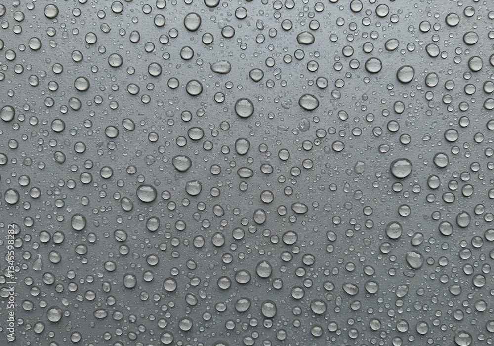 Numerous reflective raindrops cover a smooth, light surface in a detailed close-up view, creating a neutral toned and textured pattern Numerous reflective raindrops cover a smooth, light surface in a detailed close-up view, creating a neutral toned and textured pattern