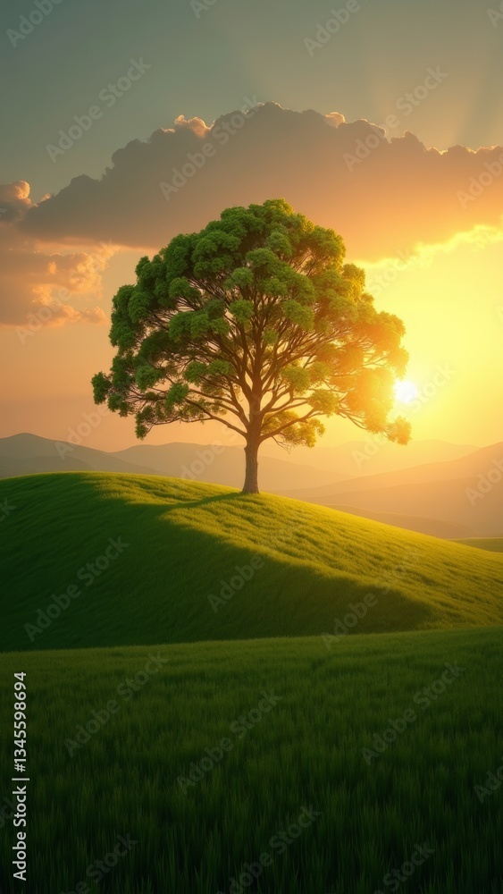 Obraz premium A majestic tree stands tall on a lush green hillside