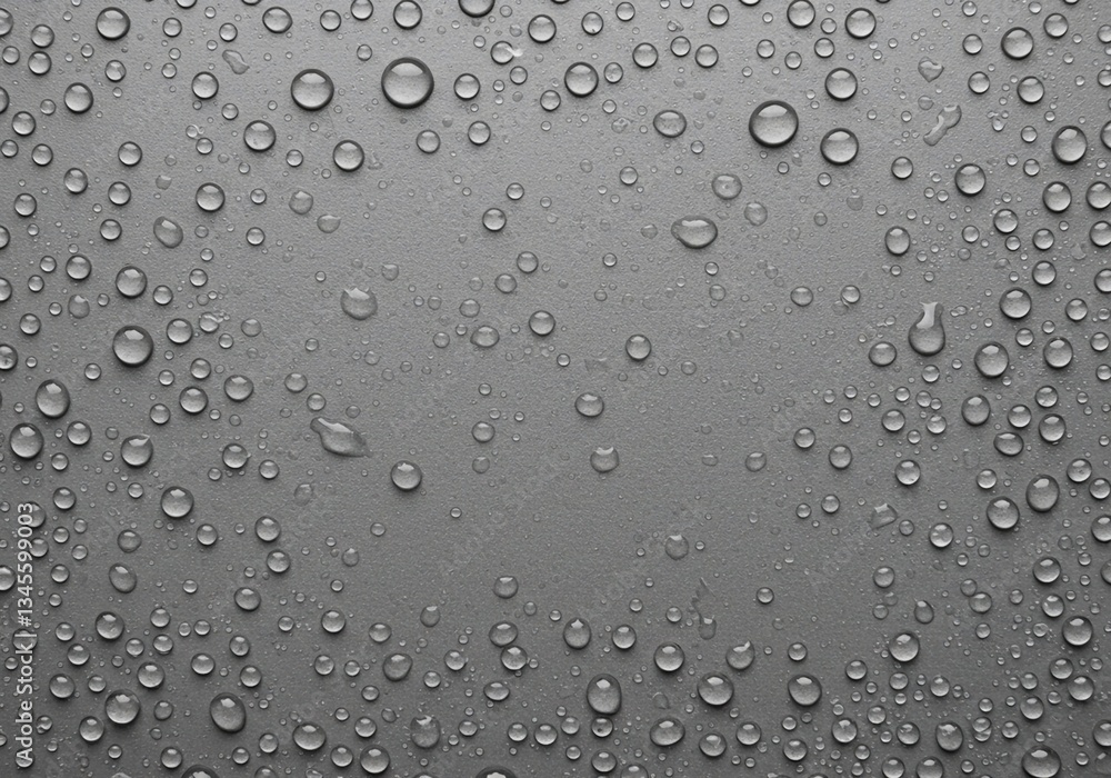 A neutral toned and textured pattern is formed by reflective raindrops on a smooth, light surface, captured in a detailed close-up view