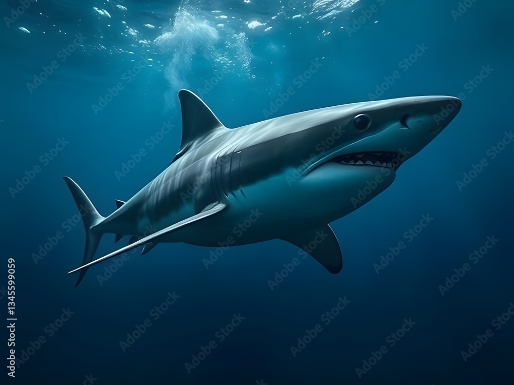 Naklejka premium Majestic Underwater Shot of a Great White Shark Swimming Gracefully in the Deep Blue Ocean, Marine Life.
