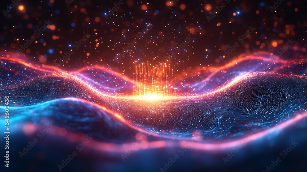 Obraz premium A radiant quantum processor glowing at the center, pulsating neon energy flows radiating in waves, dynamic holographic textures and floating luminous particles,
