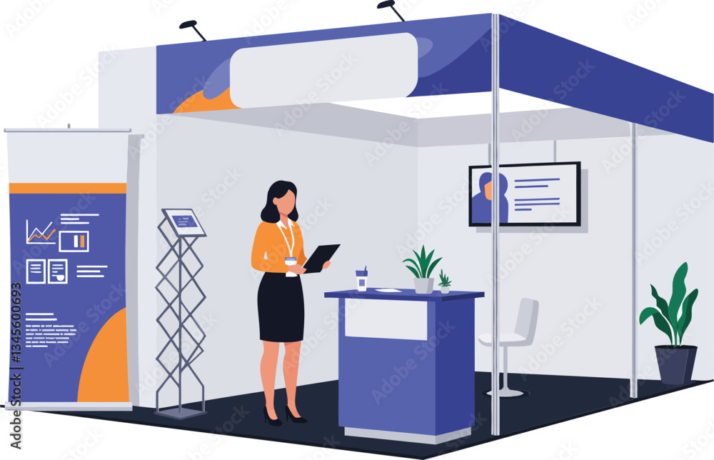 custom made wallpaper toronto digitalBusiness woman in a modern exhibition booth flat vector illustration