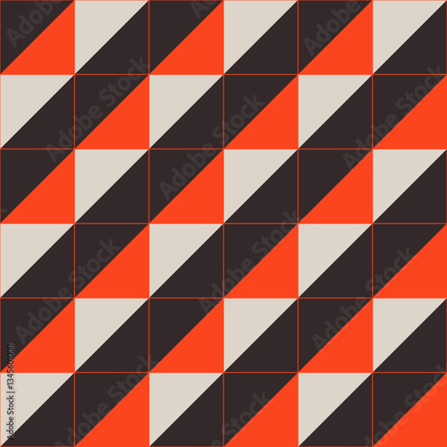 Abstract seamless vector geometric pattern. Repeating triangle tiles seamless pattern. Orange, beige, brown colors. Geometric vector seamless color pattern. Simple shapes background. Geometric grid.