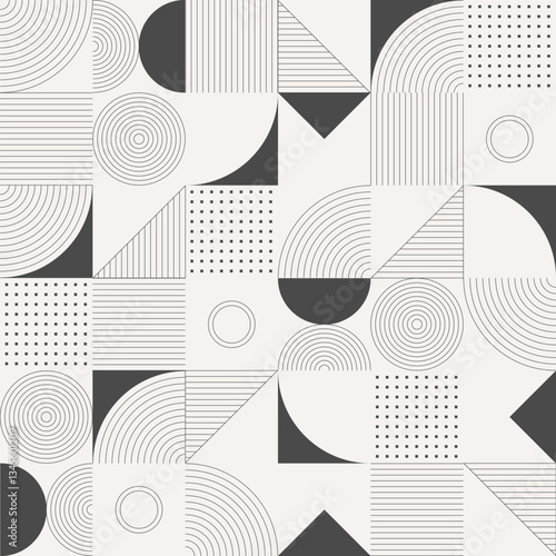 Abstract artwork of vector geometric shapes. Geometric vector seamless pattern. Vector black and white background with simple geometrical shapes. Bauhaus constructive style tiles. Cover design.