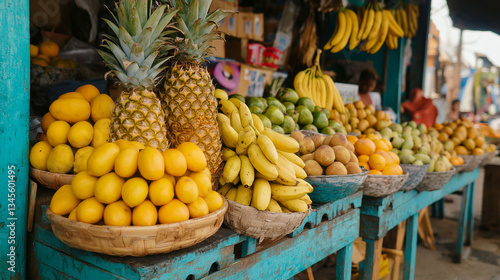 Tropical Fruit Display at an Outdoor Street Market Stall.