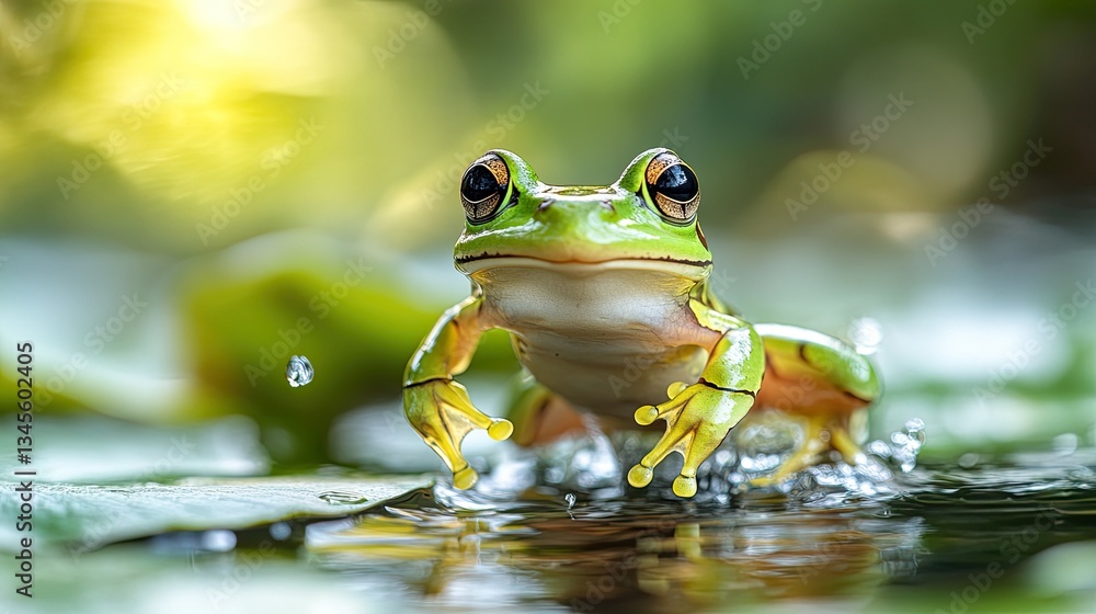 A playful frog jumping from one lily pad to another in a pond A playful frog jumping from one lily pad to another in a pond