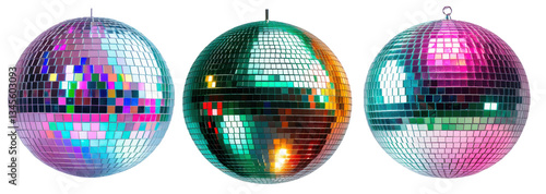 Set de tres bolas disco con diferentes colores. PNG.