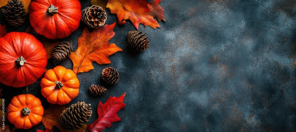 Autumnal background with pumpkins, leaves, and pine cones on a dark surface. Autumnal background with pumpkins, leaves, and pine cones on a dark surface.