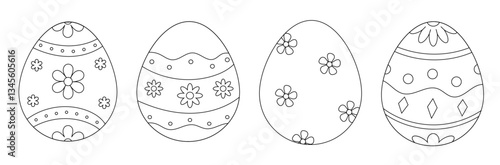 Easter eggs with floral doodle pattern outline vector set