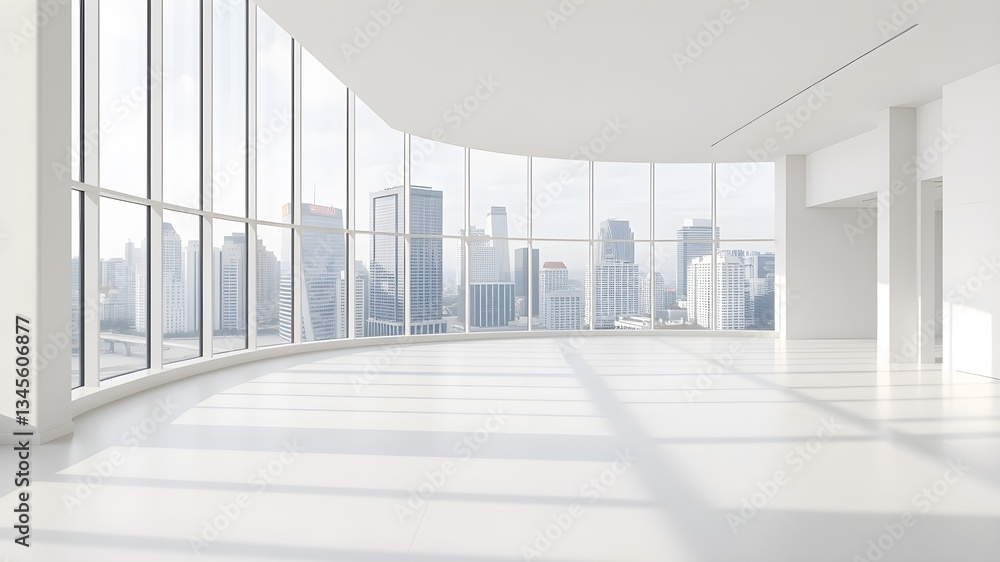 Obraz premium empty open plan interior with large windows with megalopolis view with a whitish white tone