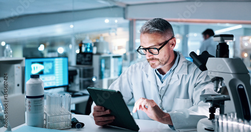 Photos Tablet, man and scientist in laboratory for medical research, experiment or study for innovation