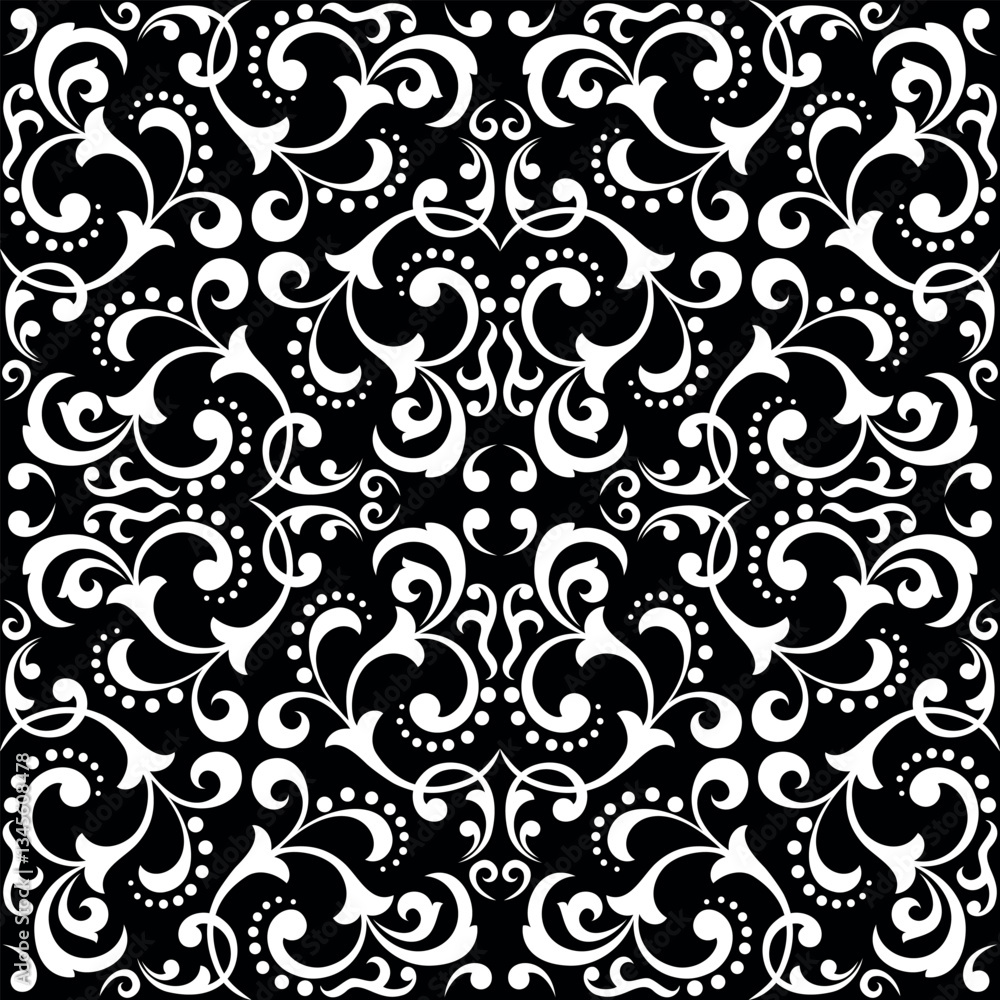 Fototapeta premium Floral pattern. Seamless vector background. Vintage wallpaper in the Baroque style. White and black ornament for fabric, wallpaper, packaging. Ornate Damask flower illustration.