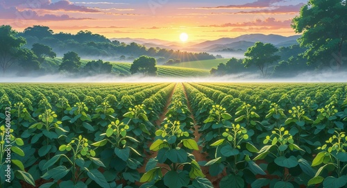 Soybean Field at Sunrise with Rolling Mist anime cartoon illustration design