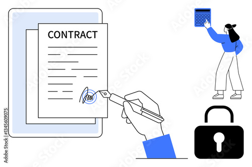 Hand digitally signing a contract on a tablet alongside a secure lock icon and a businesswoman holding a calculator. Ideal for business, e-signature, security, management, finance, organization