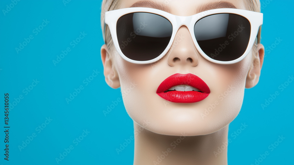 Radiant Summer Chic: A close-up portrait of a stylish woman, sporting bold sunglasses, and vibrant red lipstick against a backdrop of pure, refreshing blue. Radiant Summer Chic: A close-up portrait of a stylish woman, sporting bold sunglasses, and vibrant red lipstick against a backdrop of pure, refreshing blue.