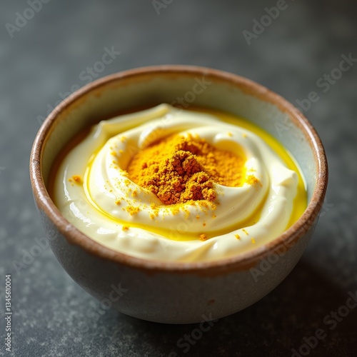A bowl of creamy white yogurt topped with a sprinkle of yellow turmeric powder
