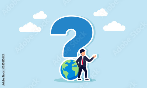 A businessman stands next to a question mark with a globe at the bottom, illustration of questioning business market distribution and competitors