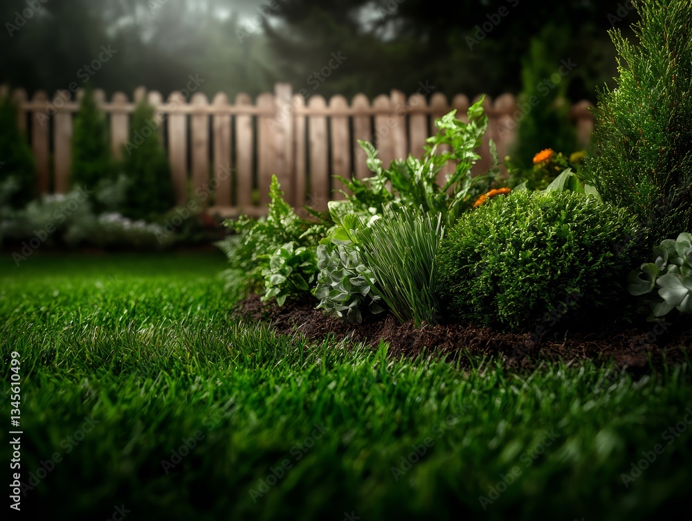 Fototapeta premium Lush green garden with wooden fence and vibrant foliage in morning light