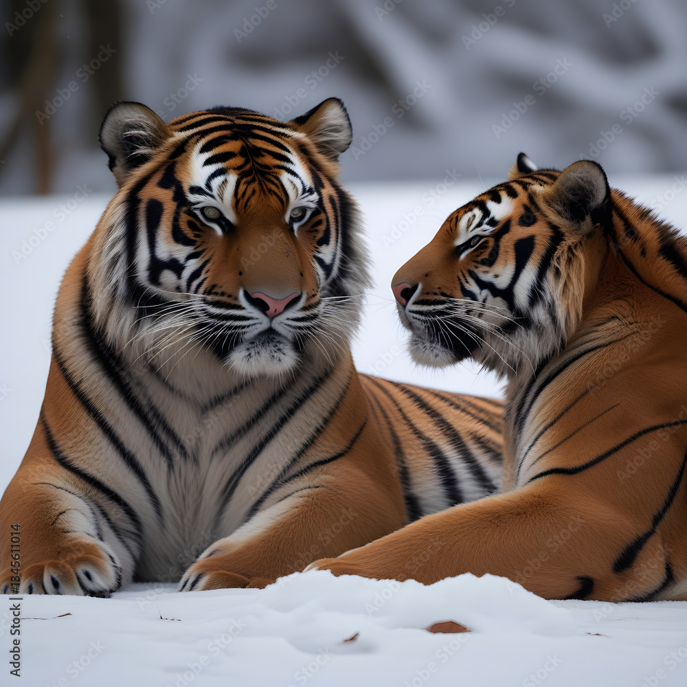 Obraz premium In this heartwarming winter scene, a majestic tiger and its unusual companion rest peacefully together in the snow-covered wilderness. The tiger’s eyes are half-closed in deep contentment