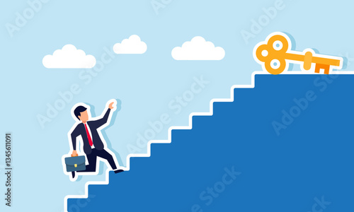 A businessman runs up the stairs to reach a key at the top, illustration of efforts to find business solutions