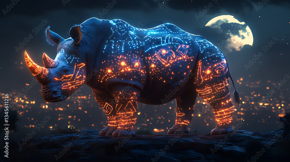 Obraz premium Illuminated Rhino, Night Cityscape, Moonlit Savannah, Fantasy Art