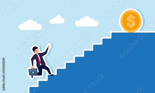 A businessman runs up the stairs to reach a dollar coin at the top, illustration of efforts to secure and increase business profit, revenue, and valuation