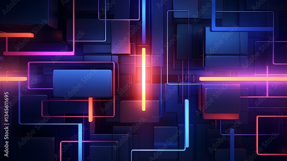 Neon pathways illuminate a vibrant, futuristic cityscape of glowing blocks and intersecting lines, creating a dynamic and energetic abstract scene. Neon pathways illuminate a vibrant, futuristic cityscape of glowing blocks and intersecting lines, creating a dynamic and energetic abstract scene.