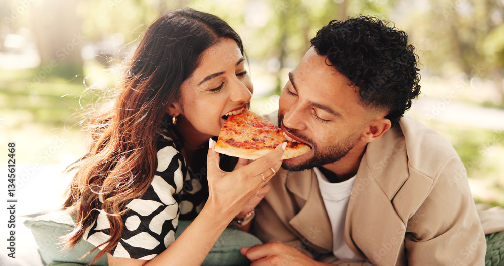 Couple, lunch and eating pizza outdoor at picnic together for romantic date or bonding for relationship. Man, woman or share fast food at park, hungry or enjoy takeaway to relax with partner for love Couple, lunch and eating pizza outdoor at picnic together for romantic date or bonding for relationship. Man, woman or share fast food at park, hungry or enjoy takeaway to relax with partner for love