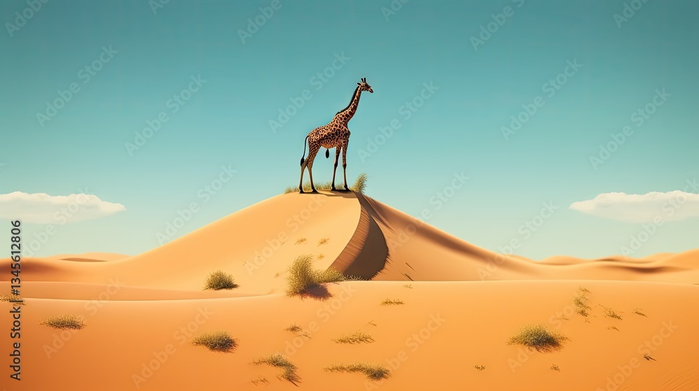 Giraffe atop sand dune in desert landscape Giraffe atop sand dune in desert landscape