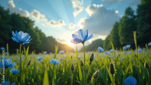 Fototapeta Naklejka Na Ścianę i Meble -  A serene landscape featuring a field of blue flowers and a sunny sky