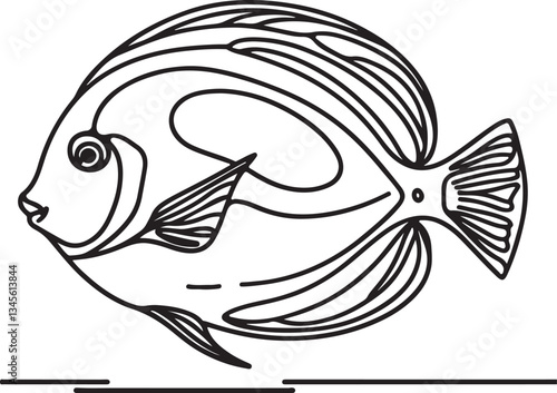 Detailed Line Drawing of Blue Tang Fish