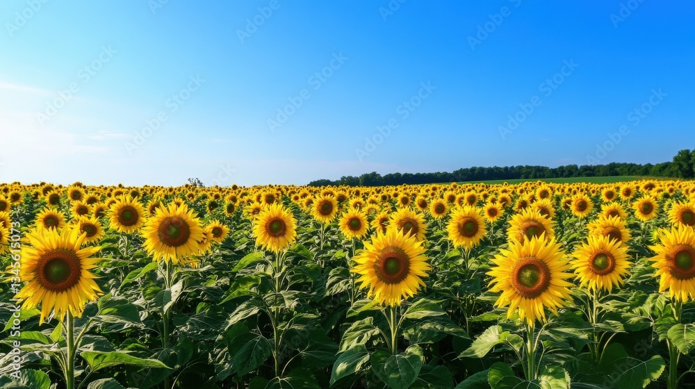 Fototapeta premium A vast field of beautiful blooming sunflowers under a blue sky