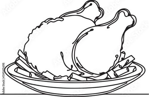 Detailed Line Drawing of Fried Chicken on Plate