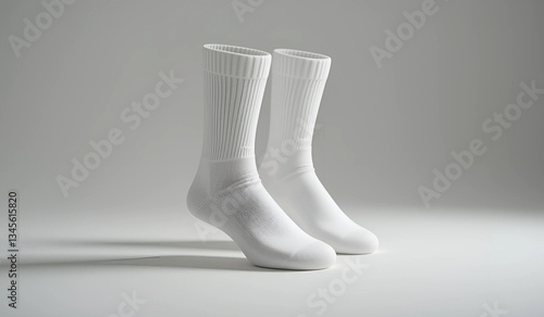 Pair of clean white crew socks on a light gray background. Perfect for showcasing sock designs, apparel mockups, or minimalist product photography.