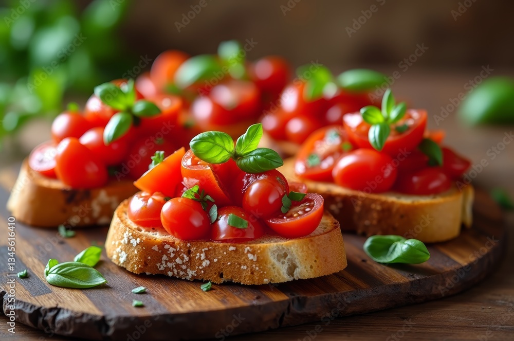 Fresh cherry tomatoes and basil on toasted bread Fresh cherry tomatoes and basil on toasted bread