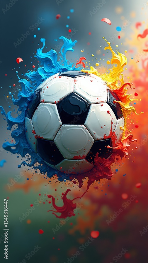 Naklejka premium A soccer ball in mid-air, surrounded by colorful paint splatters