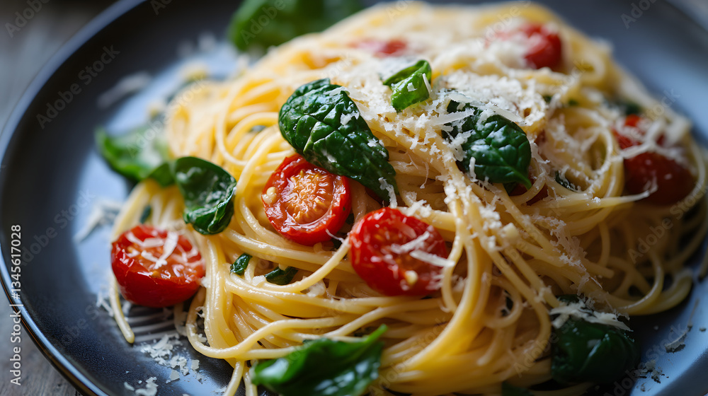 A spinach and roasted tomato pasta with garlic and parmesan cheese. A spinach and roasted tomato pasta with garlic and parmesan cheese.