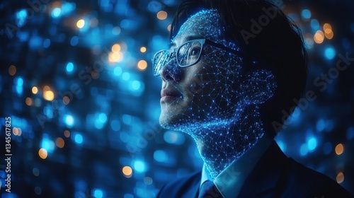 thinking technology and network system businessperson in blue suit blue network structure