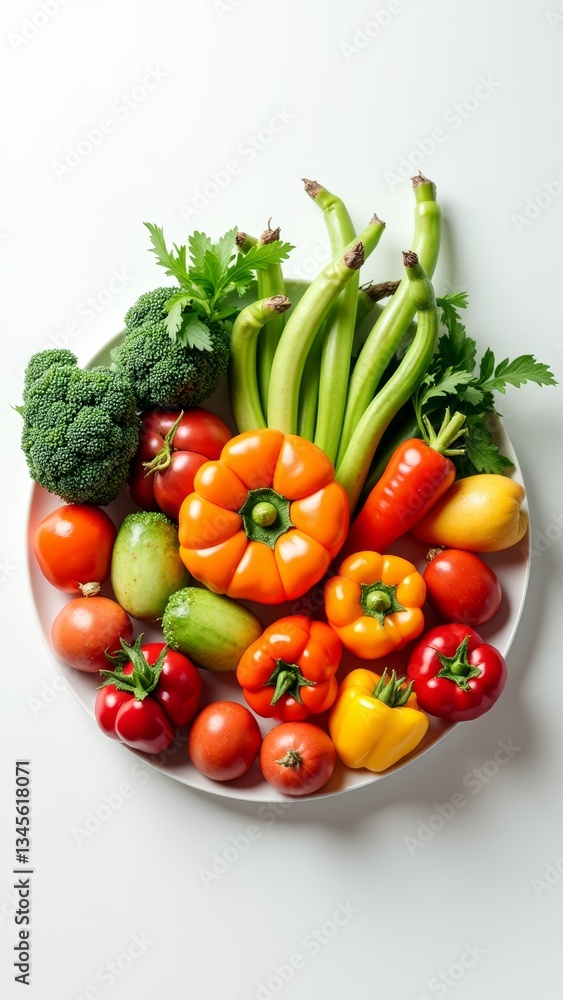 A plate of fresh vegetables, including broccoli, peppers, and tomatoes A plate of fresh vegetables, including broccoli, peppers, and tomatoes
