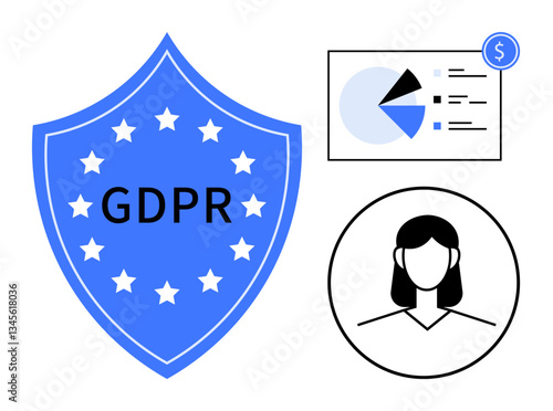 Shield with GDPR text and stars, user avatar, pie chart with financial data. Ideal for GDPR, data security, privacy, compliance, finance data protection EU regulations. Flat simple metaphor