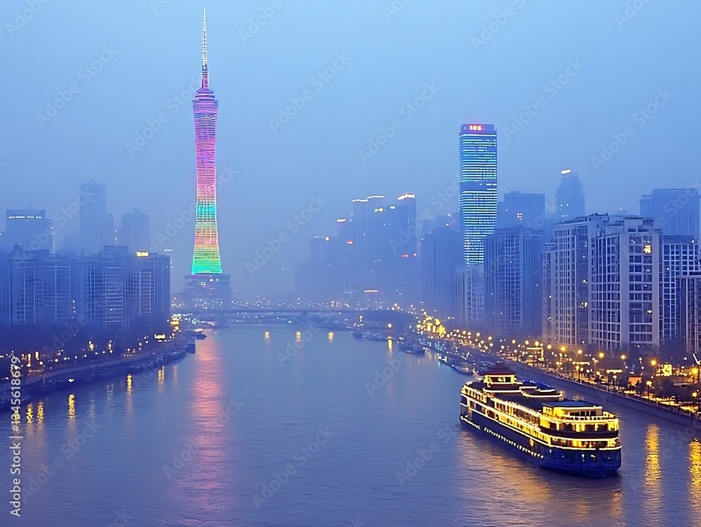 Fototapeta premium Guangzhou's Pearl River for Night Cruise, Cityscape.
