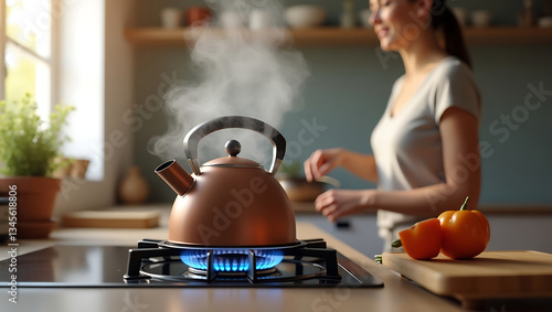 There is a kettle on the gas stove in the kitchen, which is steaming, indicating that the water is boiling. The flame under the kettle is bright blue. In the background, a woman is doing something in 